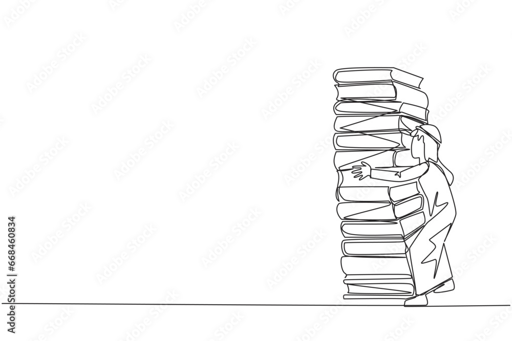 Single continuous line drawing Arab man hugging a very high pile of ...