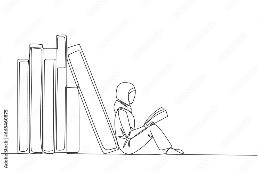 Continuous one line drawing Arabian woman reading sitting leaning ...