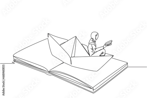Single one line drawing Arab woman reading a book on a paper boat. Maintain good habits. The metaphor of reading can explore oceans. Book festival concept. Continuous line design graphic illustration