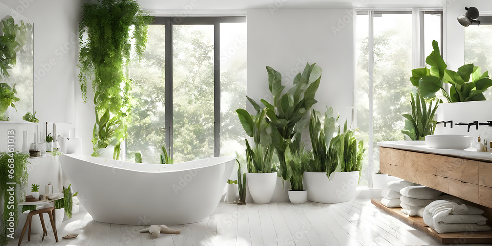 Bright bathroom with subway tile and a variety of green plants of deep forest style.