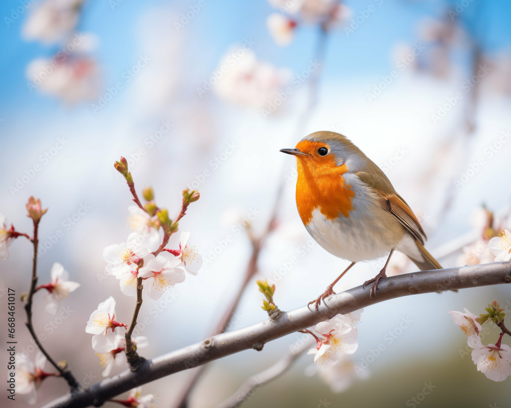 Beautiful European Robin. bird in wild nature sitting on a flowering tree Beautiful European Robin. bird in wild nature sitting on a flowering tree