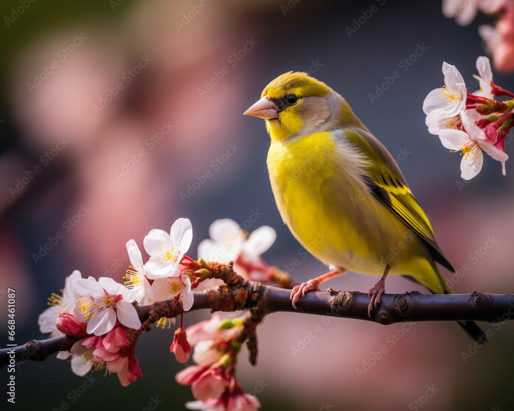 Beautiful European Greenfinch. bird in wild nature sitting on a flowering tree Beautiful European Greenfinch. bird in wild nature sitting on a flowering tree