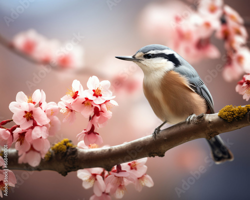 Beautiful Eurasian Nuthatch. bird in wild nature sitting on a flowering tree