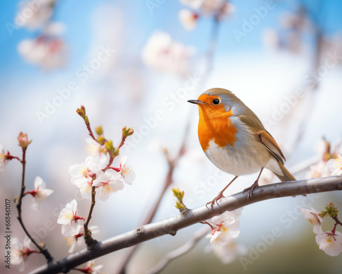 Beautiful European Robin. bird in wild nature sitting on a flowering tree © Tilra