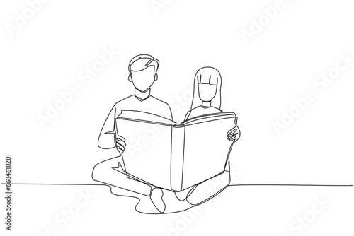 Single continuous line drawing man woman sitting reading standing book. Enthusiasm that never goes away. Very happy when reading story books. Book festival concept. One line design vector illustration
