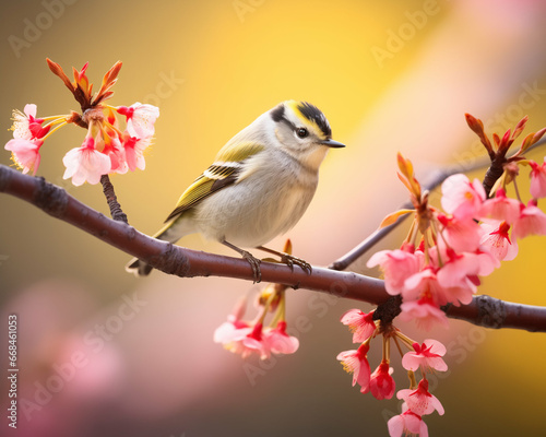 Beautiful Golden-crowned Kinglet. bird in wild nature sitting on a flowering tree © Tilra