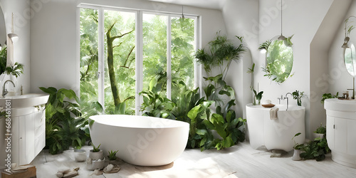 Bright bathroom with subway tile and a variety of green plants of deep forest style.