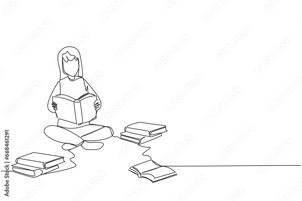 Single continuous line drawing woman who really likes reading. Everyday one book is read. Good habit. There is no day without reading book. Book festival concept. One line design vector illustration Single continuous line drawing woman who really likes reading. Everyday one book is read. Good habit. There is no day without reading book. Book festival concept. One line design vector illustration