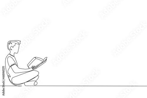 Continuous one line drawing man sitting reading book. The new hobby of reading books helps to relax. One book one day. Good habits. Book festival concept. Single line draw design vector illustration