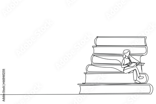 Single continuous line drawing happy woman sitting on a pile of books reading a book. High interest in reading. Opening horizons of thinking. Book festival concept. One line design vector illustration