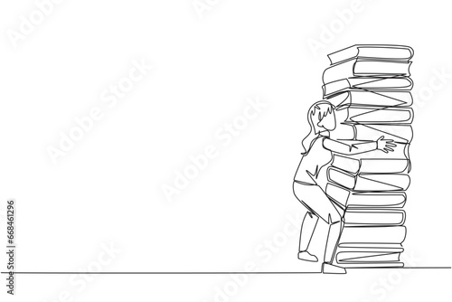 Continuous one line drawing woman hugging very high pile of books. Hobby to collecting and reading books. Filling free time with useful things. Loving read. Single line draw design vector illustration