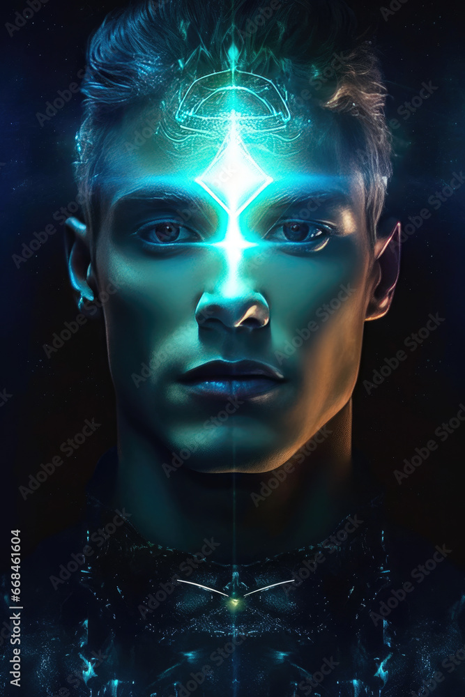 futuristic male robot with blue neon light on his face futuristic male robot with blue neon light on his face