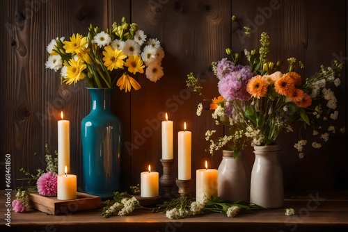 a still image. A wooden background with springtime flowers and candles in a vase, as well as the idea of interior elements, make this homey and lovely