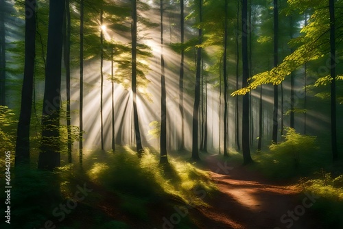 Beautiful sunny summer morning in magic forest. Forest in the morning in a fog in the sun, trees in a haze of light