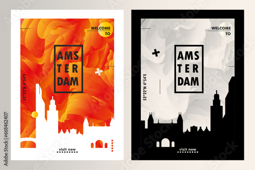 Amsterdam Netherlands city poster pack with abstract skyline, cityscape, landmark and attraction. Holland travel vector layout set for vertical brochure, website, flyer, presentation