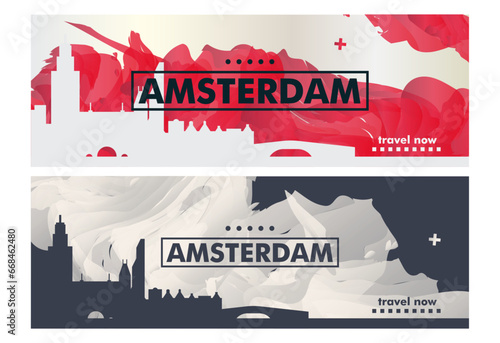 Netherlands Amsterdam city banner pack with abstract shapes of skyline, cityscape, landmark. Holland travel vector horizontal layout set for brochure, website, page, presentation, header, footer