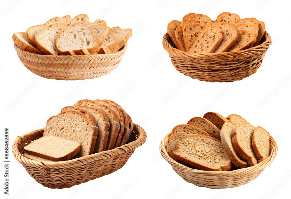 Slices of bread in baskets isolated on transparent background