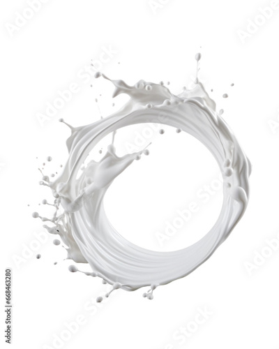 white milk wave splash with splatters and drops isolated on a transparent background, circle milk, yougurt or cream wave flow splash. Generative AI