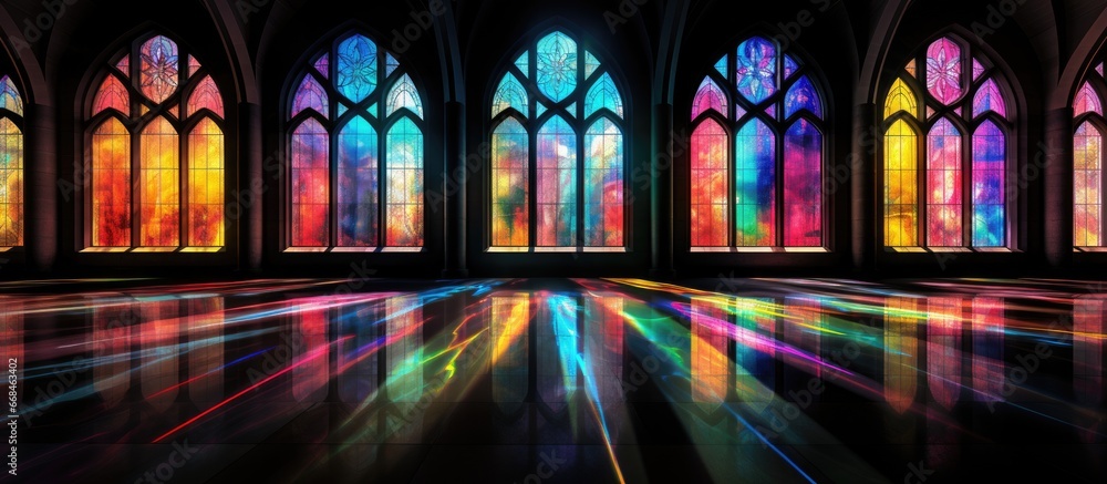 Contemporary stained glass casting colorful hues onto church interiors - obrazy, fototapety, plakaty 