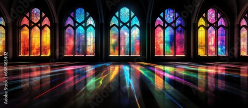 Contemporary stained glass casting colorful hues onto church interiors