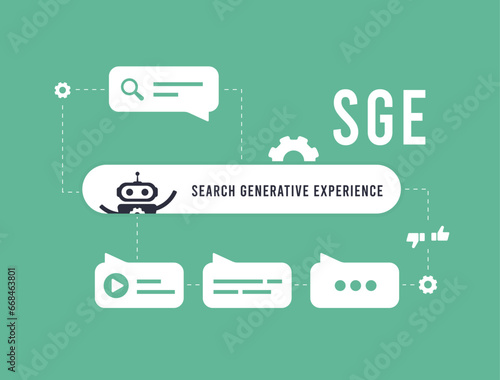SGE - Search Generative Experience concept. Generative AI-powered search experience. Vector isolated illustration on green background with icons