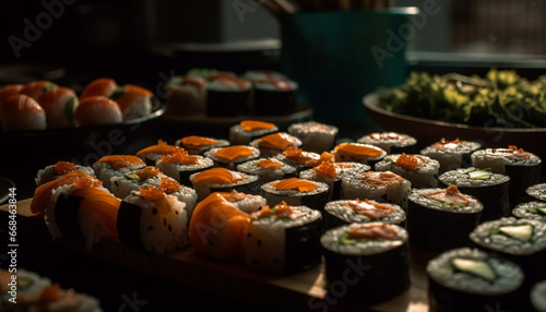 Gourmet seafood meal sushi variation with fresh fish and avocado generated by AI