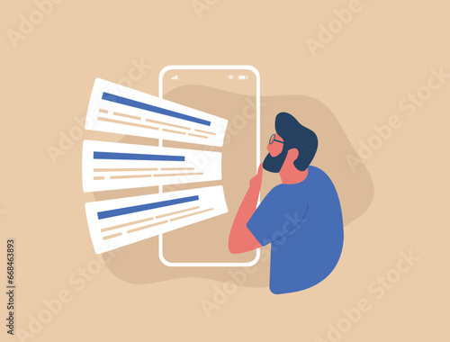 Mobile SEO Ranking concept. Search Engine Results Pages with top ranking websites. Analyzing seo search engine results vector isolated illustration on brown background with icons