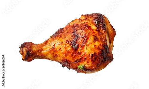 Tasty grilled chicken leg on white or transparent background, top view