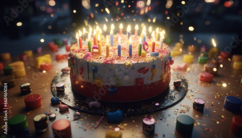 Birthday celebration with sweet dessert, colorful decoration, and glowing candles generated by AI