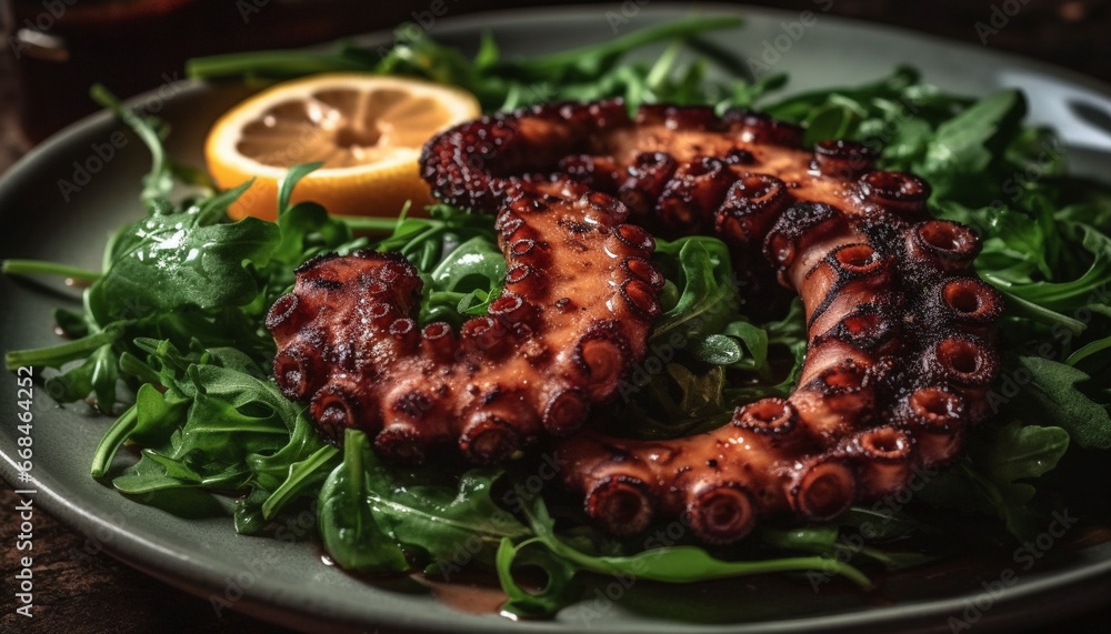Fresh seafood plate with grilled octopus, lemon, and green vegetables generated by AI Fresh seafood plate with grilled octopus, lemon, and green vegetables generated by AI