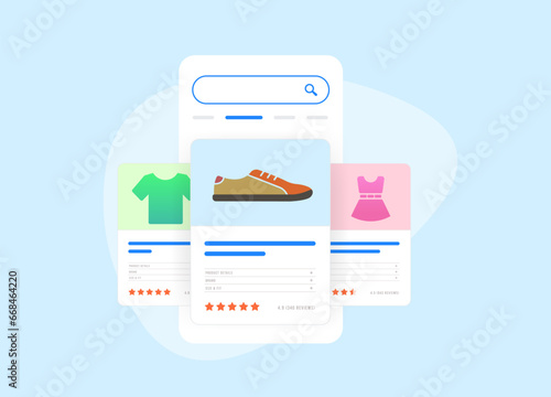 Shopping tab listings - search feature for finding and comparing online products, offering price, seller information, product results on top of search pages. Vector illustration on blue background
