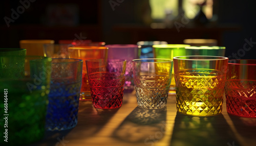Vibrant bar counter with multi colored drinks and whiskey bottles generated by AI