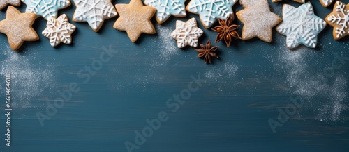Festive blue backdrop with Christmas cookies