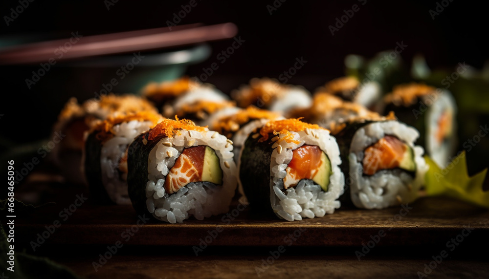 Fresh seafood meal on wooden plate, rolled up maki sushi generated by AI Fresh seafood meal on wooden plate, rolled up maki sushi generated by AI