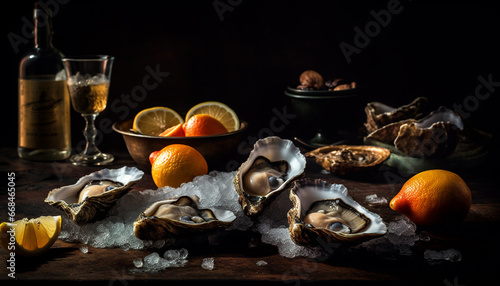 Fresh seafood and citrus fruit on a rustic wooden table generated by AI