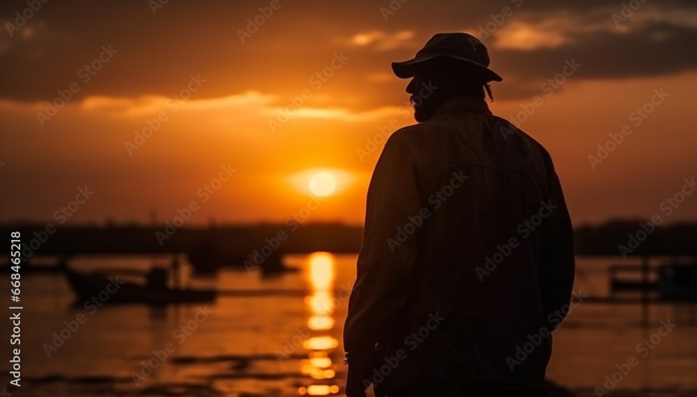 One man standing, back lit by sunset, fishing alone generated by AI