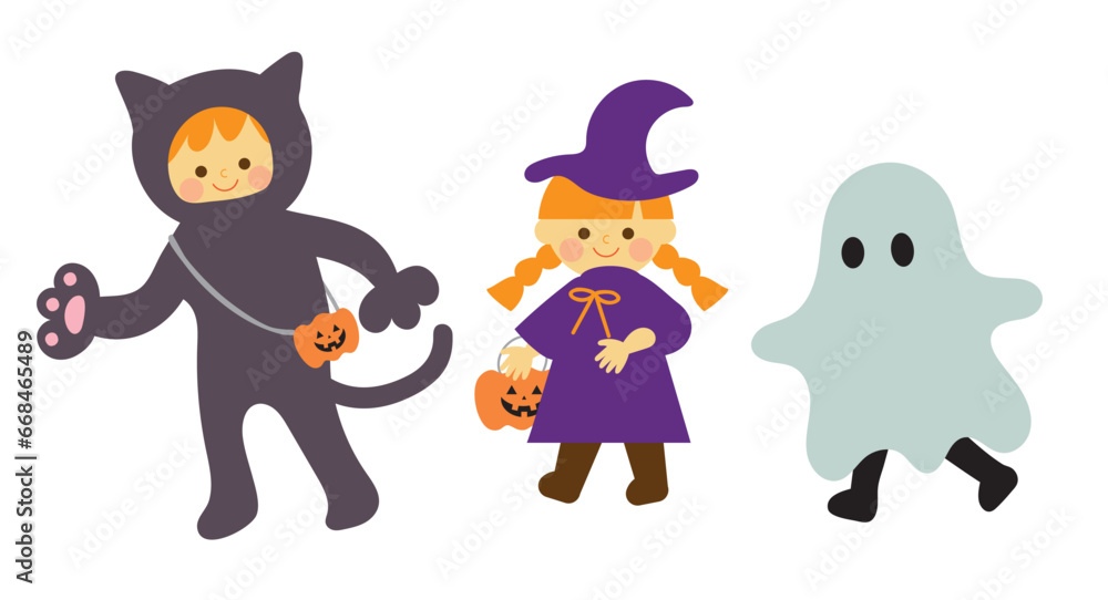 Obraz premium ハロウィンの仮装をした子どもたちの歩いているイラスト
