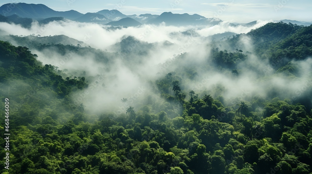 Obraz premium Aerial view of tropical forest covered in fog in the morning