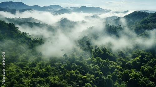 Aerial view of tropical forest covered in fog in the morning © boxstock production
