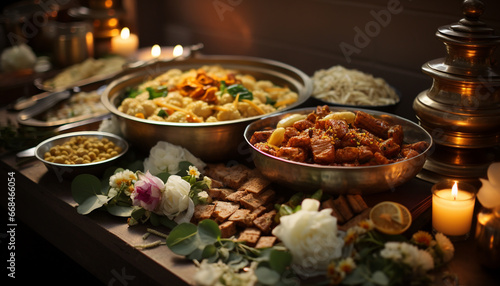 A rustic table with a variety of cooked meats and vegetables generated by AI