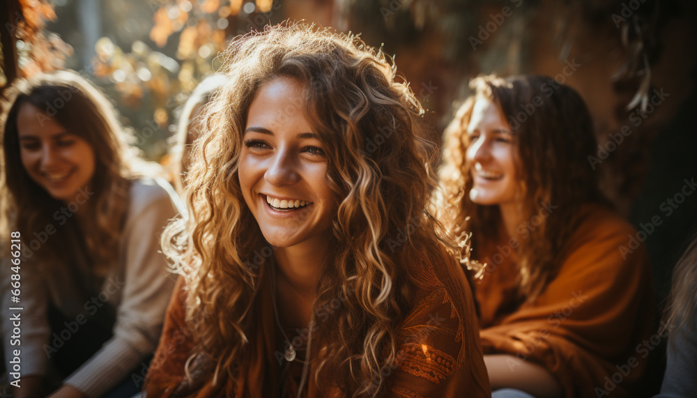 A group of young women sitting outdoors, smiling and laughing generated by AI A group of young women sitting outdoors, smiling and laughing generated by AI