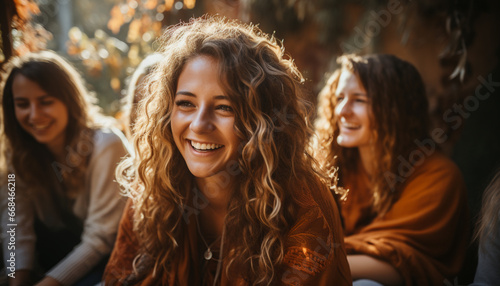 A group of young women sitting outdoors, smiling and laughing generated by AI
