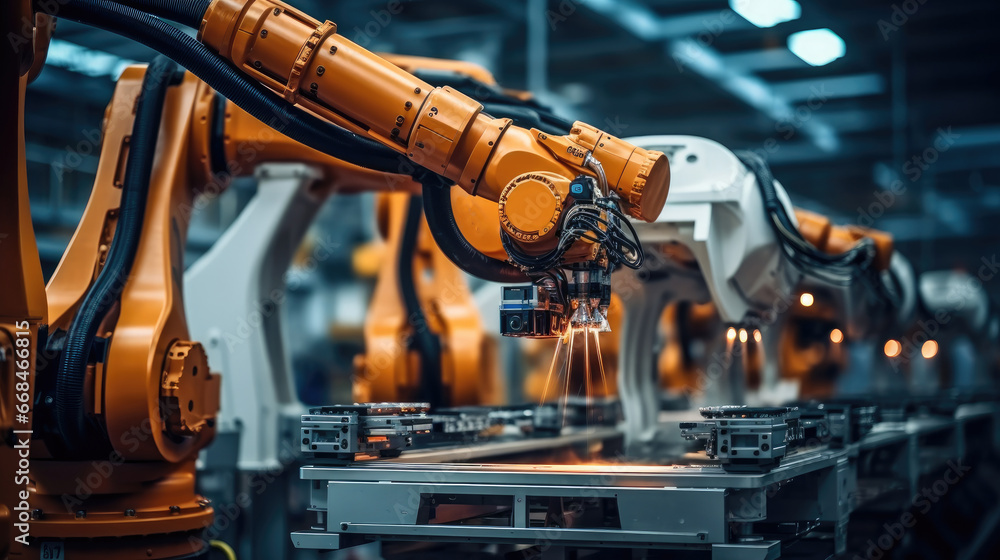 Industrial machine automatic robotic arm at smart modern factory. Industrial machine automatic robotic arm at smart modern factory.