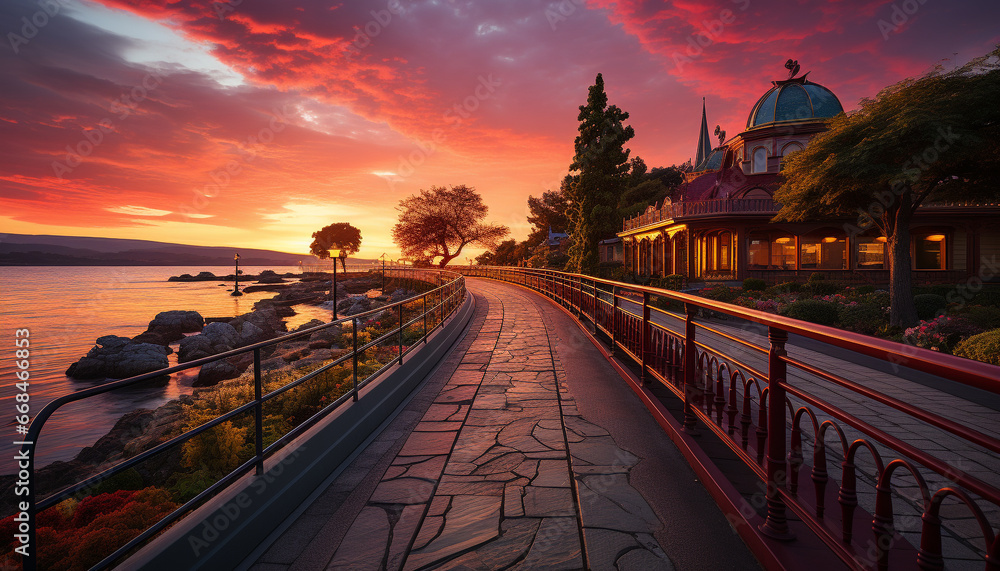 Sunset over the water, nature beauty reflected in tranquil dusk generated by AI Sunset over the water, nature beauty reflected in tranquil dusk generated by AI