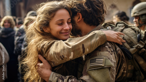 Young girl hugs her military boyfriend, preparing to leave for duty