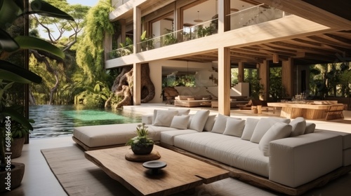 Interior of contemporary villa with pool and jungle, Light full big space.