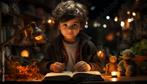 Cute child reading, smiling, illuminated by Christmas lights indoors generated by AI