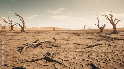 Dead trees due to drought on dry lake with cracked soil. Concept of global warming and water crisis