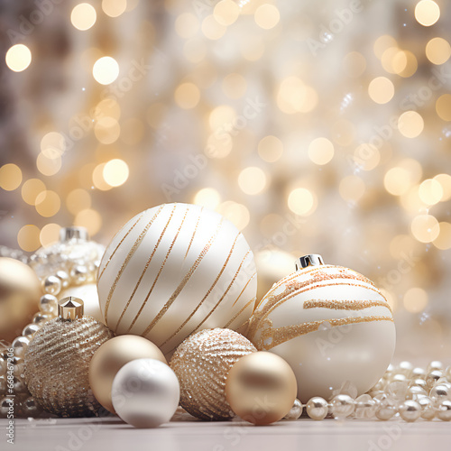 Elegant White and gold Christmas ball ornaments decorated with glitter and surrounded by winter decorations.