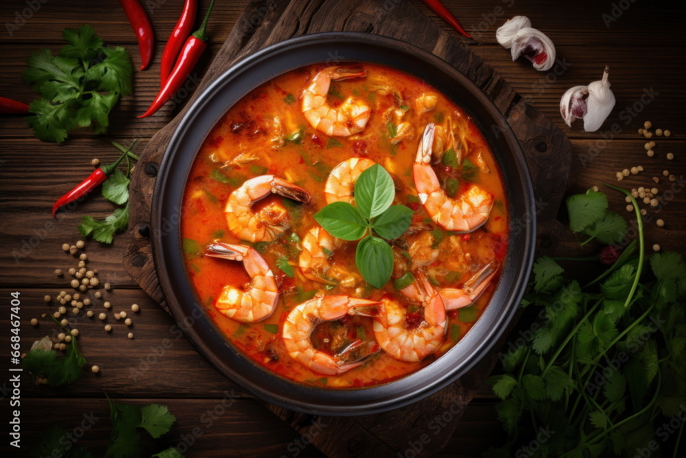 spicy prawn soup placed on a wooden table, Tom Yum Goong spicy prawn soup placed on a wooden table, Tom Yum Goong
